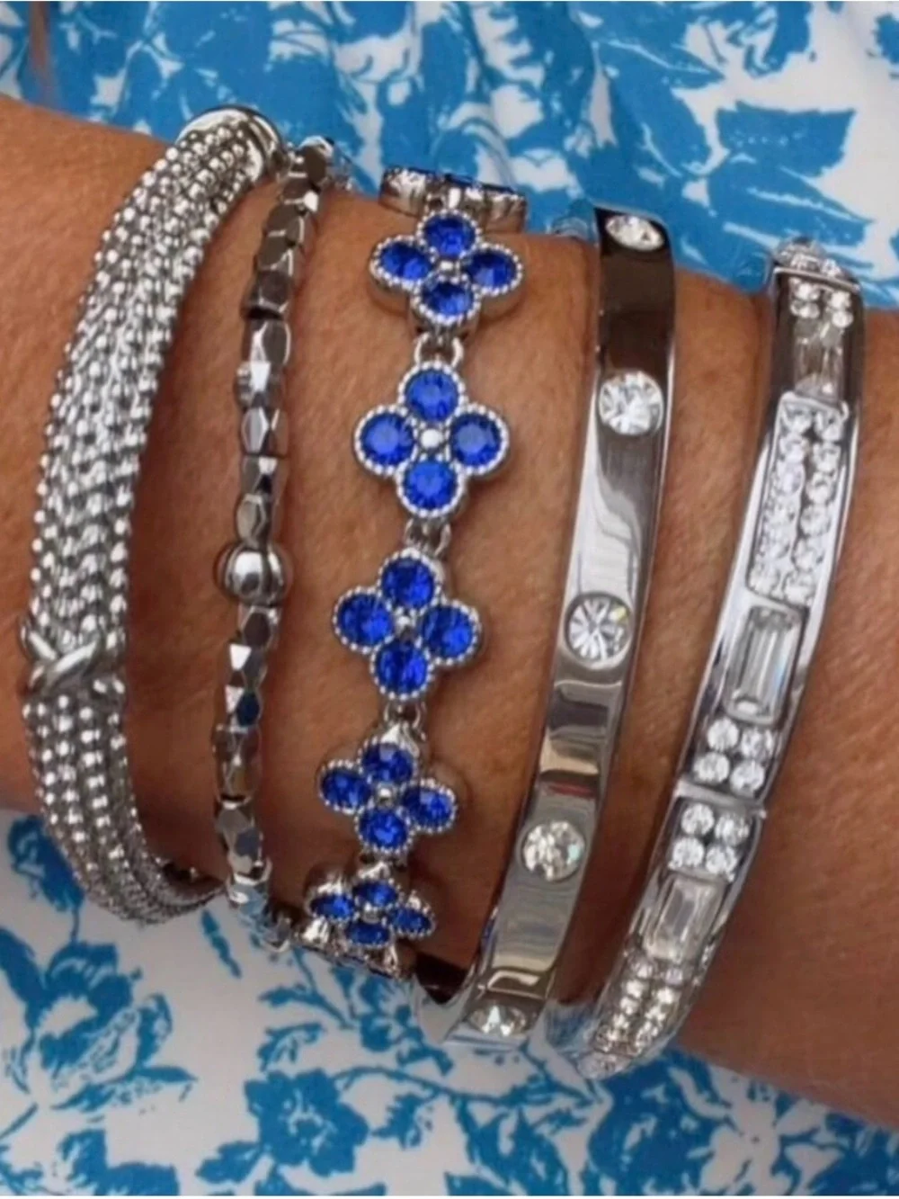 Park Lane Bleu Blue Flower Link Bracelet with Silver-Tone Accents